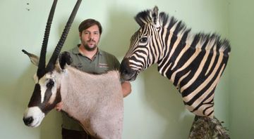 Tierpräparator Christoph Brandl mit Trophäen